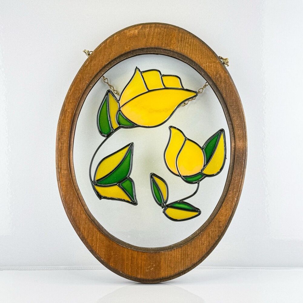 Vintage Painted Stained Glass Floral Wooden FrameWindow Hanging Suncatcher 10x14